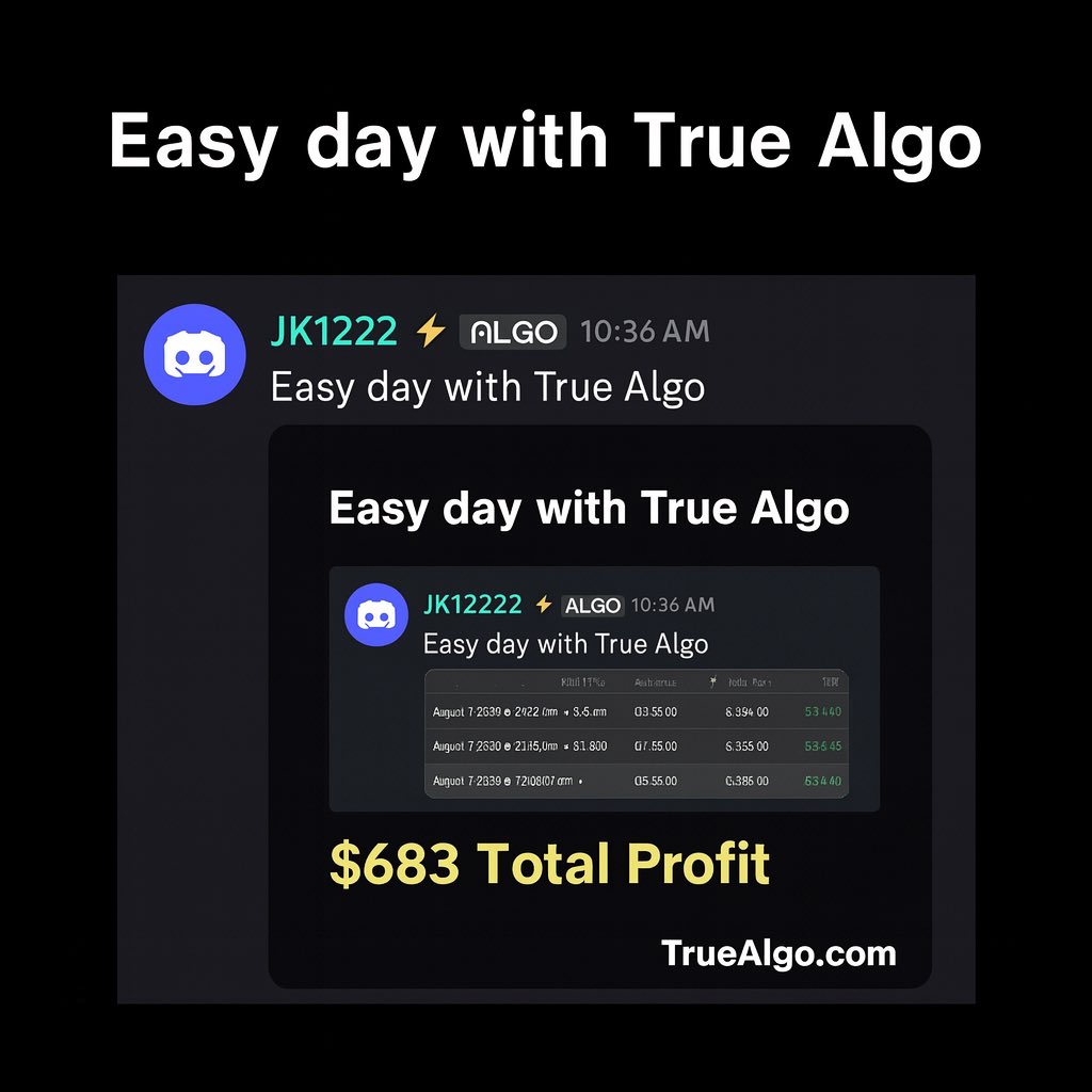 ✅ Smooth, easy day — $683 locked in.
JK stuck to the stats, avoided overtrading, and let the edge work.
It’s not about chasing every move — it’s about taking the right ones.
📊 Trade smart. Trade with structure.
🌐 TrueAlgo.com
💬 Discord.gg/TrueAlgo