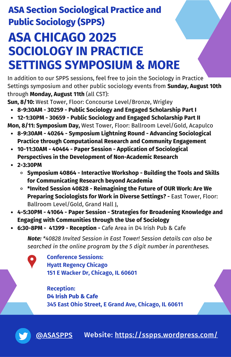 Also, for more events during the annual meeting, please see the schedule for other #publicsociology events of interest + the Sociology in Practice Settings Symposium starting tomorrow, Sun, 8/10 to Mon, 8/11!

#ASA2025 #appliedsociology