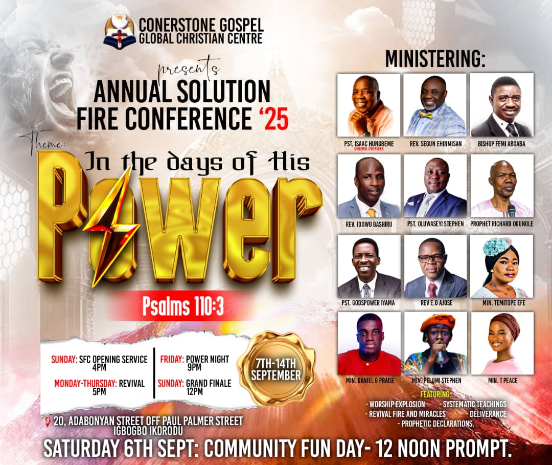 cggcc280198's tweet photo. 🔥 Annual Solution Fire Conference 2025 🔥
🗓 Sept 7–14, 2025 | 📍 CGGCC
Theme: In the Day of His Power – Psalm 110:3

8 DAYS of glory, fire &amp; transformation! 🙌
✨ Miracles
✨ Worship
✨ Prophetic Word

📌 Your day of power is here—don’t miss it!

#SFC2025 #InTheDayOfHisPower https://t.co/xfsZd1D4Jt