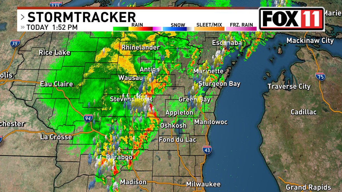 A line of strong thunderstorms over Central Wisconsin is pushing northeast this afternoon, bringing gusty winds up to 50 mph, heavy downpours, and a lot of lightning. Head indoors if you are outside, and never drive through flooded roads.