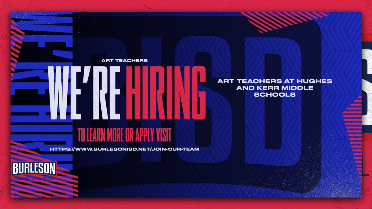 Just added: <a href="/BurlesonISD/">BurlesonISD</a> is seeking an additional Art teachers
<a href="/KMSCougars/">Kerr Middle School</a> and <a href="/HughesHuskies/">Hughes Middle School</a>
Middle Schools.    
If interested, apply here.  burlesonisd.net/join-our-team