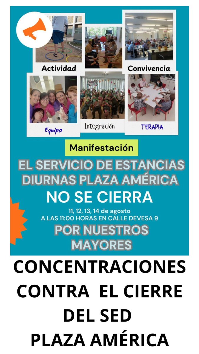 🚨 El cierre del SED de Plaza América deja sin atención a mayores y sin empleo a trabajadoras comprometidas. Ayuntamiento y Generalitat desmantelan el sistema asistencial.

📅 Concentraciones de lunes a jueves, de 11:00 a 11:30h con usuarios, familias y vecindario. #Alicante

RT?