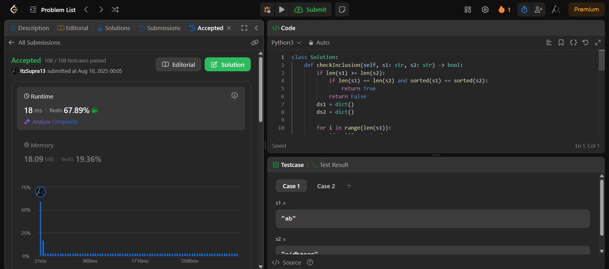 ItzSupra's tweet image. LC DCC 3Qs minimum 9/8
5. Longest Substring Without Repeating Characters
6. Permutation in String
Did 2 more today cuz why not
#Leetcode #DSA #Neetcode