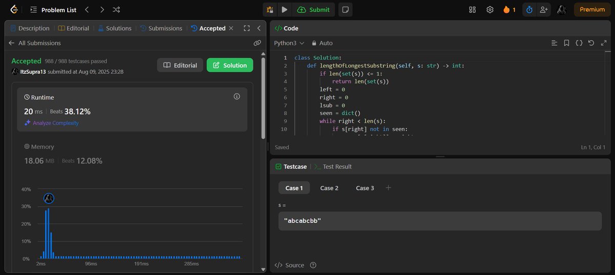 ItzSupra's tweet image. LC DCC 3Qs minimum 9/8
5. Longest Substring Without Repeating Characters
6. Permutation in String
Did 2 more today cuz why not
#Leetcode #DSA #Neetcode