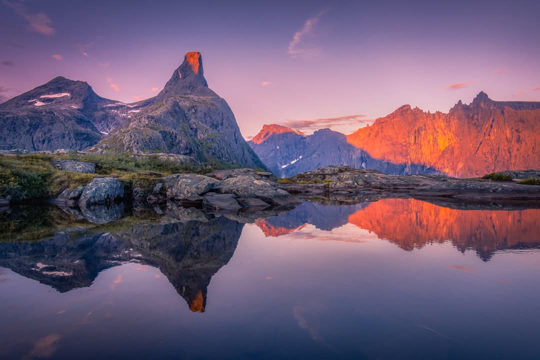 Stunning 😍 Sunrise over Romsdalshorn and Trollveggen (The Troll Wall) seen from Litjefjellet, Åndalsnes. Photo Terje Svendsen #Norway #fjords