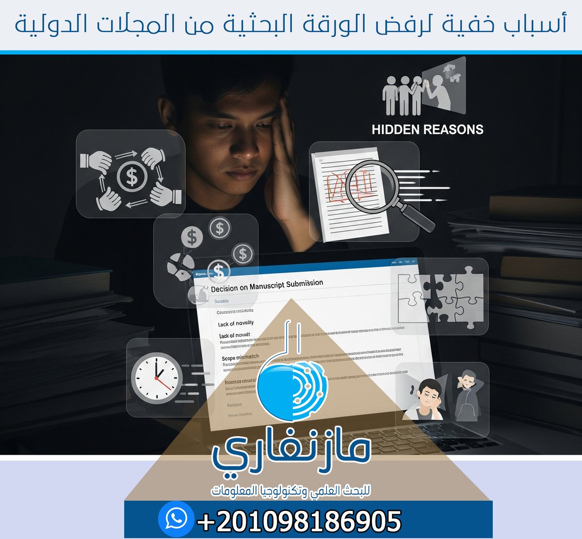 ٦ أسباب "خفية" لرفض ورقتك البحثية من المجلات العلمية:

1. عدم توافق الموضوع مع المجلة: حتى لو كان بحثك ممتازًا، يجب أن يتناسب تمامًا مع مجالات اهتمام المجلة.
2. عدم الالتزام بالتعليمات: كل مجلة لديها إرشادات صارمة للتنسيق والتوثيق، تجاهلها يعني الرفض المباشر.
3. عنوان أو ملخص غير