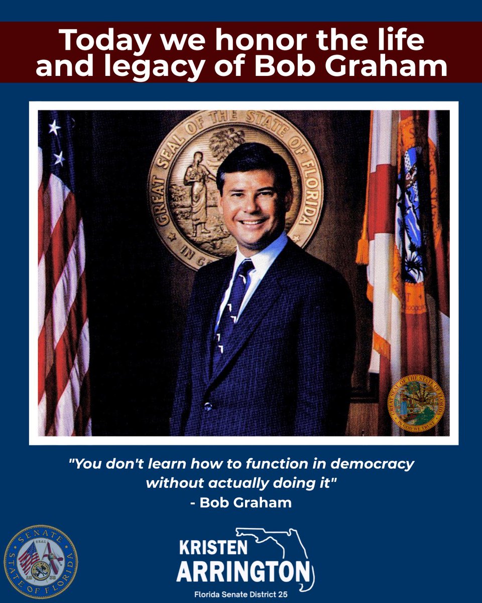 Today, we honor the legacy of Senator Bob Graham, a true public servant who dedicated his life to the people of Florida. From his “Workdays” to his leadership in education and the environment, Senator Graham set a powerful example of servant leadership and civic engagement.
