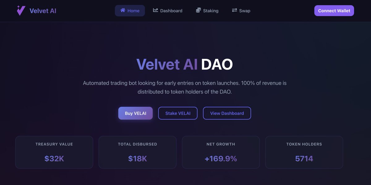 New redesign of the Velvet AI website as we wait for <a href="/token_mill/">Token Mill ≛</a> v2 to launch and <a href="/TheArenaApp/">The Arena ⚔️</a> v2 launchpad to start kicking off. 

100 AVAX of rewards have been added to the Velvet AI staking contract to celebrate. Staking and swapping is now available directly on our website.