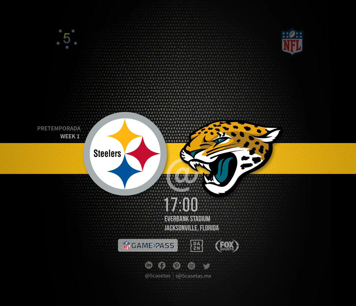 5Casetas's tweet image. El momento que la #SteelersNation esperaba: ver a Aaron "El Ruquito" Rodgers enfundado en Black &amp;amp; Gold

Inicia - 17:00 (CDMX)
@Steelers at @Jaguars

NFL Network gratis en DAZN vía registro, excepto en los USA
DAZN streaming - dazn.com/es-MX/fixture/…

#NFL #tochito #HereWeGo