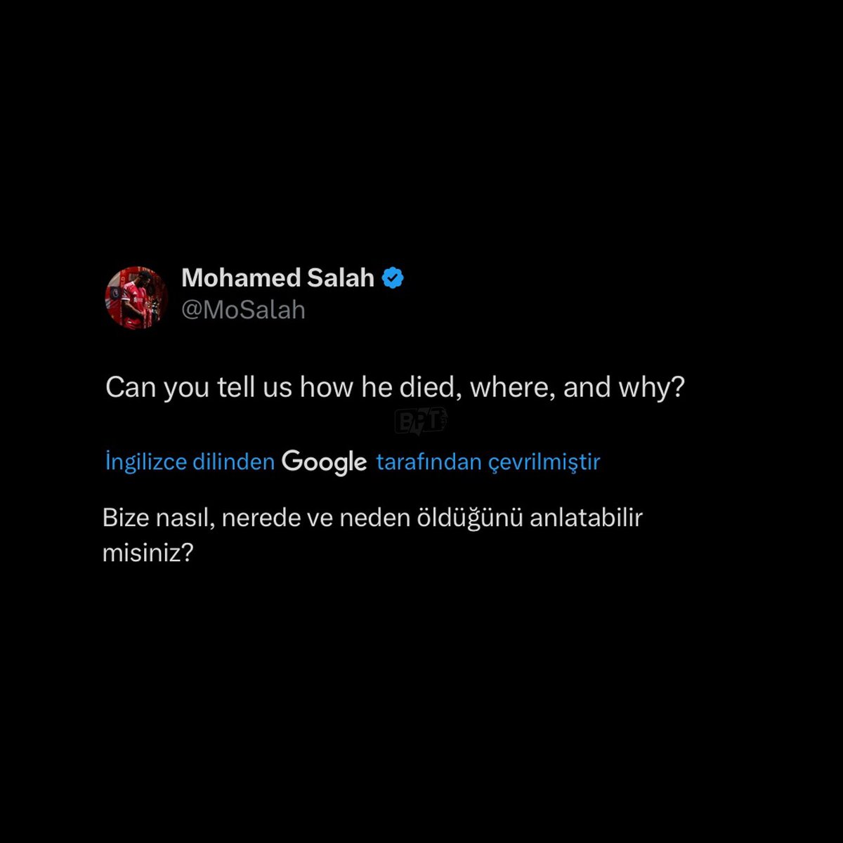 UEFA, İsrail'in saldırısında öldürülen ve "Filistinli Pele" olarak bilinen futbolcu al-Obeid'in ölüm sebebini ve kimin yaptığını söylemedi.

Mohamed Salah, UEFA'nın paylaşımına tepki gösterdi.