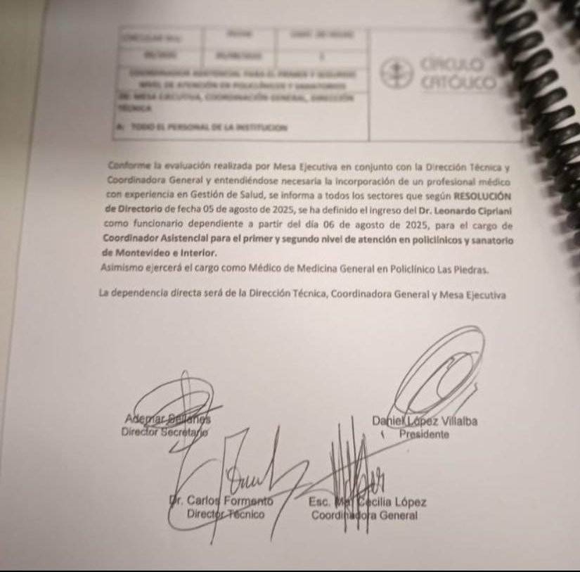🔴 Ex presidente de Asse, Leonardo Cipriani, volverá al Círculo Católico, la principal proveedora de la salud pública en el período anterior y la que adquirió el edificio y equipamiento de Casa de Galicia tras préstamo express. Será coordinador asistencial para el primer y