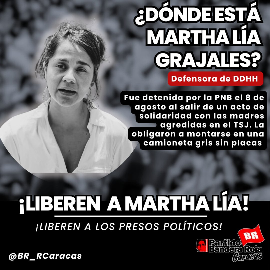 🗣️ ¿DÓNDE ESTÁ? | Martha Lía Grajales, defensora de DDHH, fue detenida por la PNB luego de participar en un acto de solidaridad con las #MadresAgredidas en el TSJ. La montaron en una camioneta gris sin placas. ¿Dónde está Martha? #LiberenAMarthaLía
#LiberenALosPresosPoliticos