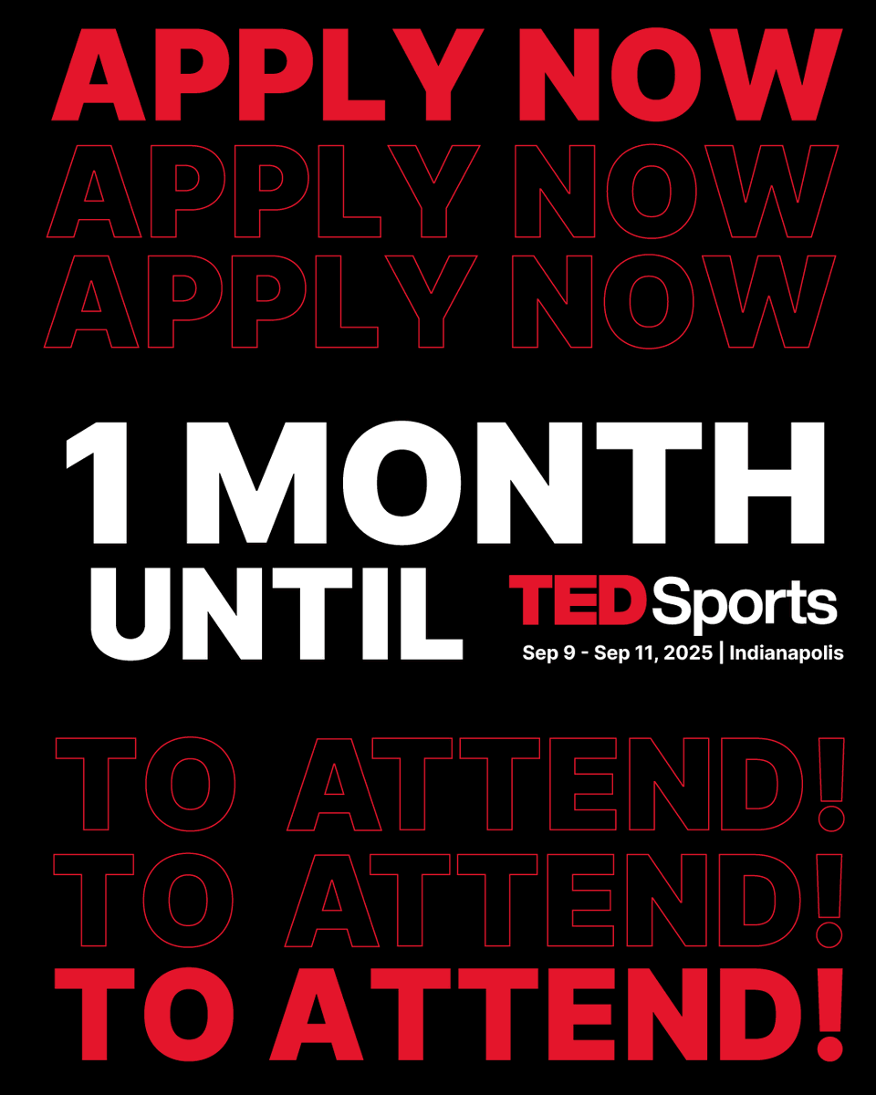 The countdown to kickoff is ON! 🏟️ Only one month left until TEDSports!

Join thought leaders, athletes, and changemakers for conversations that move the world of sports forward.

Don't miss your shot to attend TEDSports. Apply now: bit.ly/3XGxUxD

#TEDSports2025
