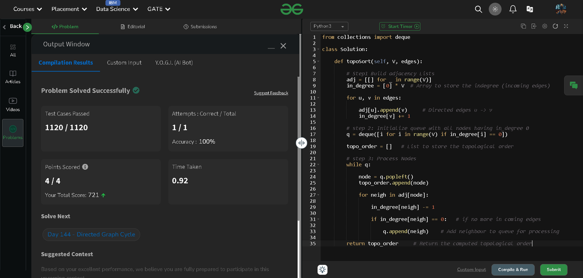 M_Codes6's tweet image. Day 143 🚀 | #gfg160 Challenge @geeksforgeeks
🔍 Problem: Topological Sort
🧠 Approach:
Implemented Kahn’s Algorithm (BFS-based) for Topological Sorting
#PythonCoding #100DaysOfCode #gfgchallenge #GeekStreak2025