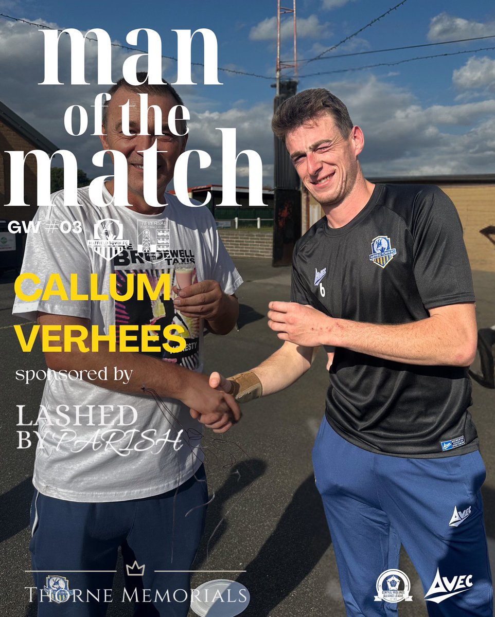 Hatfield_TownFC's tweet image. Today’s Man of the Match:

Callum Verhees - After coming on in the first half Callum was thrown straight into the action! Worked hard all game and killed it off with his goal to double our lead! 🔵🟡

Callum is sponsored by Lashed by Parish