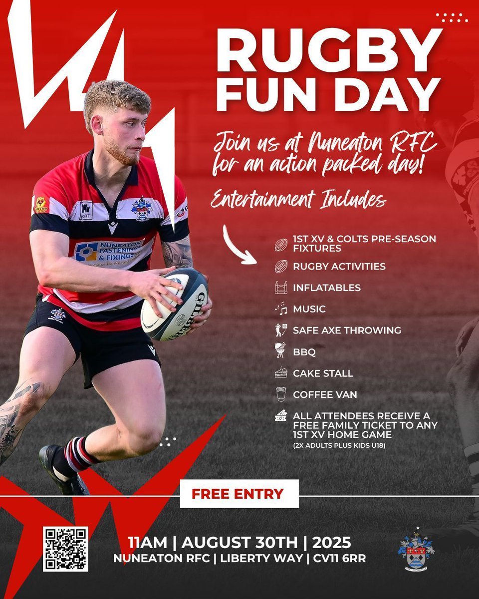 thenuns's tweet photo. 🏉 FREE Family Fun Day @NuneatonRFC!
📅 30 Aug | 🕚 11am | 📍 Liberty Way, CV11 6RR
🏉 1st XV &amp; Colts pre-season games 🎯 Axe throwing 🏰 Inflatables 🔥 BBQ &amp; cake ☕ Coffee van
#NuneatonRFC #RugbyFun #FamilyDayOut https://t.co/MVI1ssfvSm