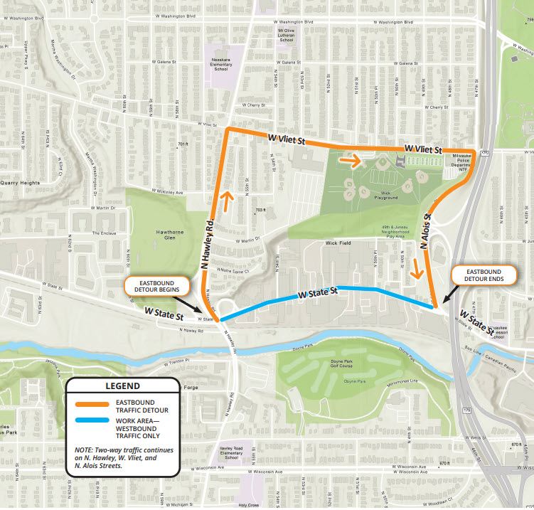 Monday, August 11, a new traffic detour for phase 2 of the Western Milwaukee Sewer Improvement project will go into effect for eastbound traffic between Hawley Rd. and Hwy 175. Westbound traffic will not be impacted. Please be alert to road signs indicating business access. In
