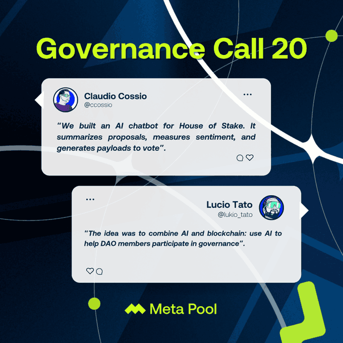 In Governance Call #20, <a href="/meta_pool/">Meta Pool</a>  co-founders <a href="/ccossio/">Claudio Cossio</a> and <a href="/lucio_tato/">Lukio</a> revealed their latest innovation for <a href="/NEARGovernance/">NEAR House of Stake</a> - an AI-powered chatbot created to transform how the community engages with <a href="/NEARProtocol/">NEAR Protocol</a> governance.

This tool is built with one mission in mind: to