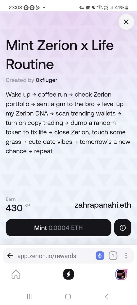 Mint Zerion x Life Routine
 دوستانی که کمپین های <a href="/zerion/">Zerion</a> را دنبال
 می کنید و Xp جمع می کنید 
 
 وارد سایت  زیر بشید  و NFT ای که به قیمت 0.0004 هست را مینت کنید
 و 430 Xp  بگیرید
app.zerion.io/rewards