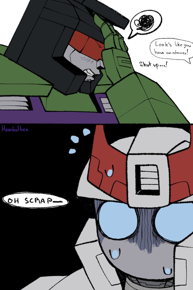 Hambalbee's tweet image. Prowl has an awkward slip up in the middle of battle… embarrassing 

#constructiprowl