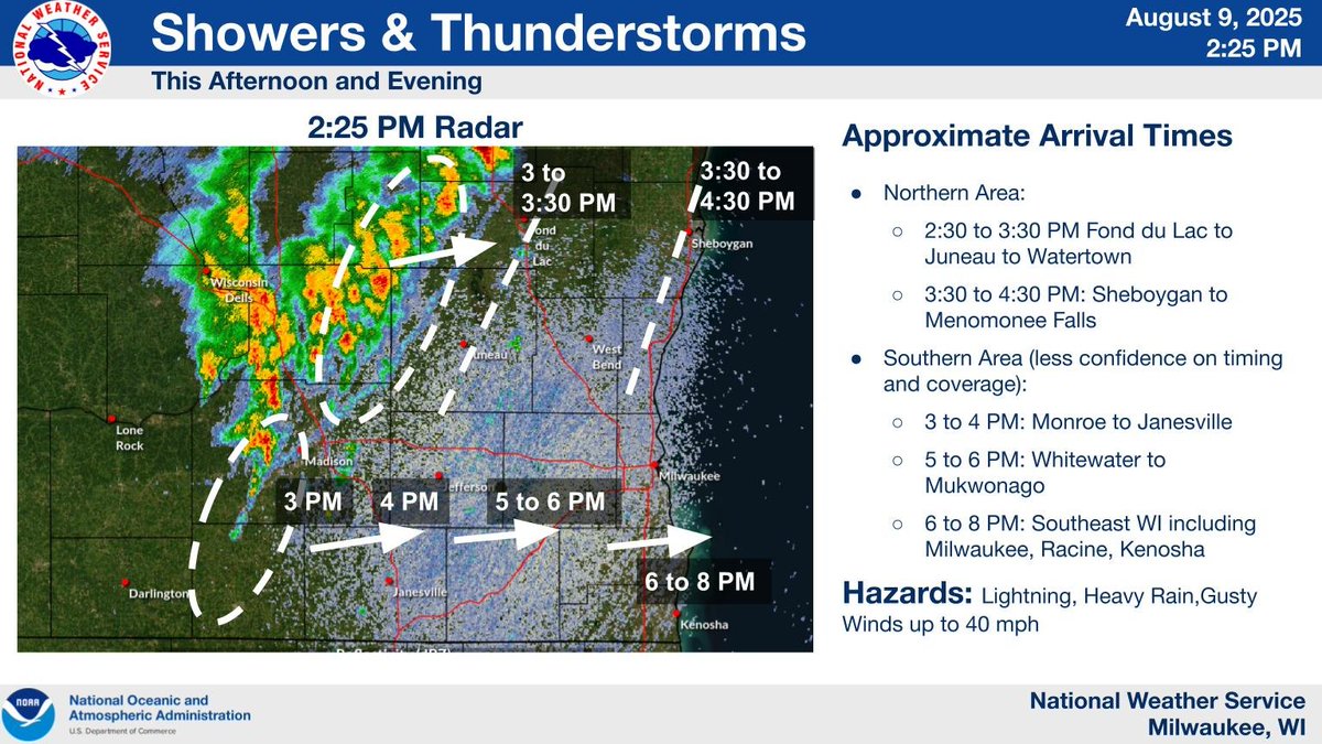 Thunderstorms will track across southern and central WI this afternoon. The estimated arrival times are 3 PM in Madison and 6 to 8 PM in Milwaukee. There is lower confidence in the timing and coverage of the storms moving through far southern WI. #wiwx