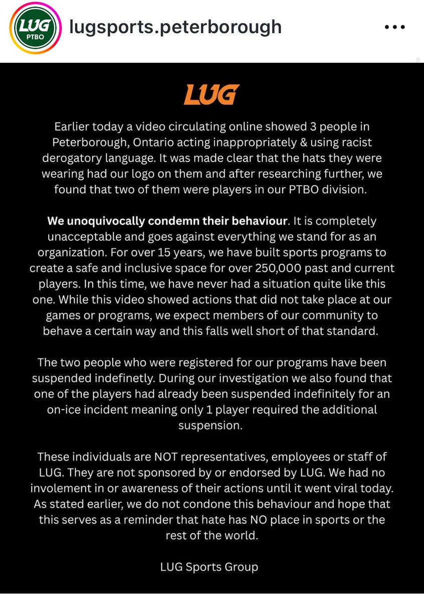 Ryerson Fuller (driver, IG ry_76_16)

Robert Kirkpatrick (passenger, robert.kirkpatrick7)

Wyatt Clarke (back, wyattclarke__) - CHARGED

All have been suspended from Lug Sports Peterborough hockey team.