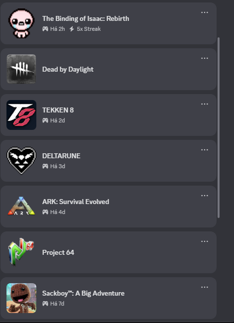 Pergunta.
Como vocês me julgariam de acordo com a minha lista de atividades recentes do discord?