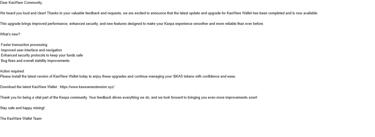 NovaFox's tweet photo. Be aware of a new email going out claiming to be @KasWare_Wallet . #Kasware doesn't need you to go to a different link to upgrade. Remember, alwasys be smart and diligent to keep your #crypto safe!
#KAS @kaspaunchained #Kaspa @kasplex @KastleWallet @KasperCoin @GhoadCoin @kaspy_io @NachotheKat #CryptoScam #Cryptocurrency #cryptowallet #KRC20