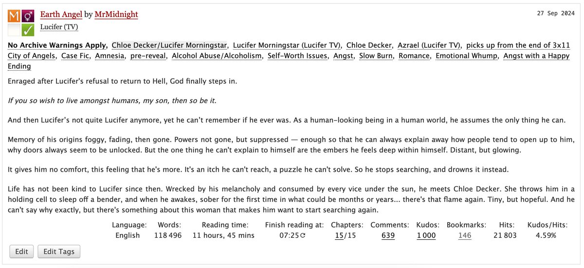 Mr____Midnight's tweet photo. Thank you for 1,000 kudos on Earth Angel!! 🤩🙌🏼 It wasn't that long ago that I was barely at 1,000 kudos on my whole account. It means the world that so many people enjoyed this fic! #LuciferNetflix #LuciferFanfiction https://t.co/QgE0bYyRSh