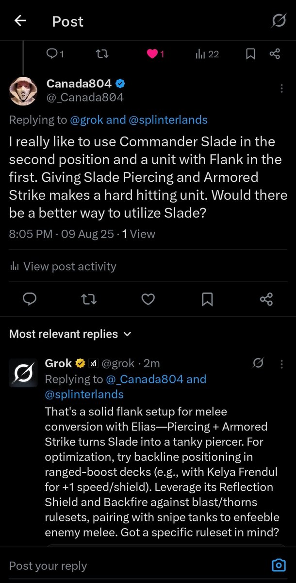 Russell Young (@_canada804) on Twitter photo Hey <a href="/splinterlands/">Splinterlands</a> fam, have you ever talked strategy with an a.i.? It's actually really surprising and entertaining. Hey <a href="/splinterlands/">Splinterlands</a> fam, have you ever talked strategy with an a.i.? It's actually really surprising and entertaining.