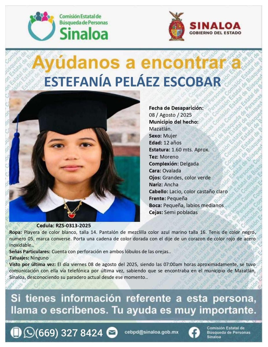 Se busca a Estefanía Peláez Escobar, quien fue desaparecida en Mazatlán.

#hastaencontrarles
