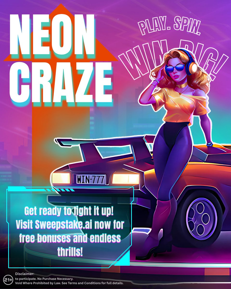 SweepstakeAI's tweet image. Neon Craze is lighting up the reels. Visit Sweepstake.ai for thrilling rewards and big wins!

#NeonCraze #SweepstakeGames #PlayForFun #OnlineGaming #NoPurchaseNecessary #GamingCommunity #SweepstakeAI #OnlineGames #GamingVibes #SocialCasino #SlotGame
