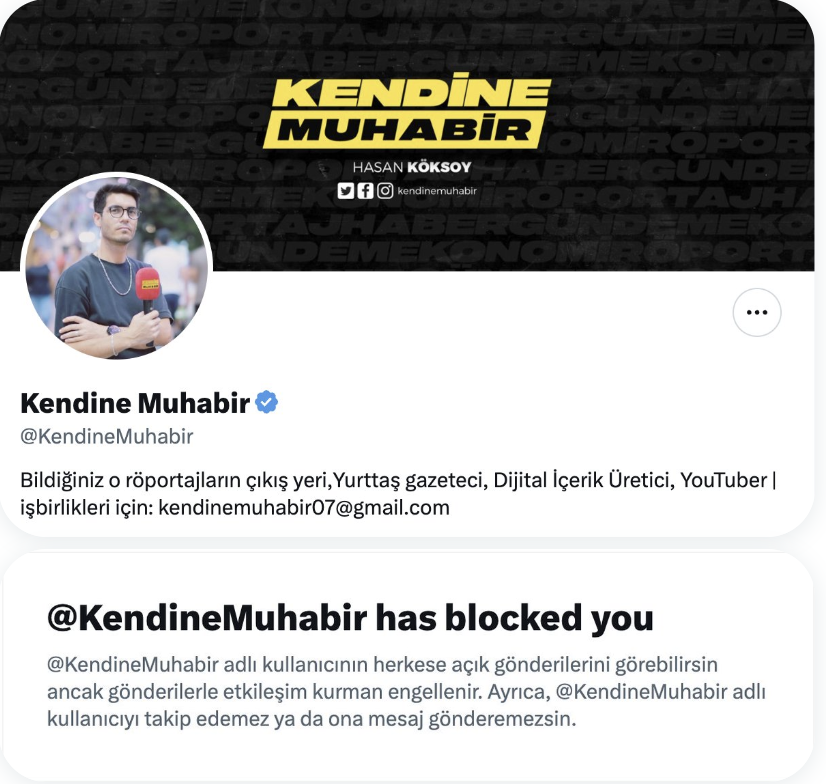 Kendine Muhabir ismini kullanan FETÖ'cü sokak muhabiri, kendisinin FETÖ ile ilişkilerini anlattığım paylaşımın ardından her FETÖ'cünün yaptığı gibi engelleyerek kaçtı. Yani herkese cevap vermesiyle övünen sahte Kemalist Hasan Köksoy da kaçan FETÖ'cüler kervanına katıldı.