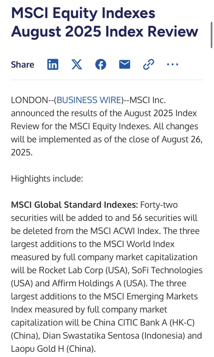 AFRM $RKLB $SOFI 被納入MSCI 世界指數- 8月26日盤後生效🚀 - 任何追蹤MSCI 世界指數(或其更廣泛的變體，如MSCI  ACWI 或MSCI 世界全市值指數)的ETF 將在生效日期後開始將$