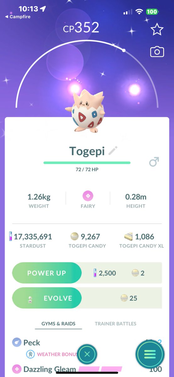 Hatched day recap 
Hatched 19 ,1 ✨ ,hatched some old eggs and got a shiny togepi ✨. Got 9 eggs remaining so hopefully that stack gives another shiny 👀. Decent amount of people came today 😁
#PokemonGo