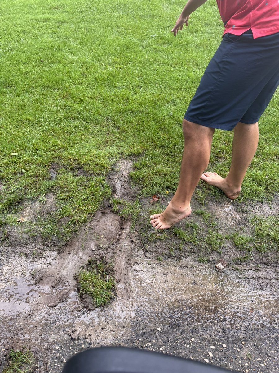 BGW2026's tweet photo. Ground gives out on shoeless Pipp, but Jansen in the fairway! Pipp/Jansen up one in the scramble thru 1! https://t.co/EcfCyDMbEo