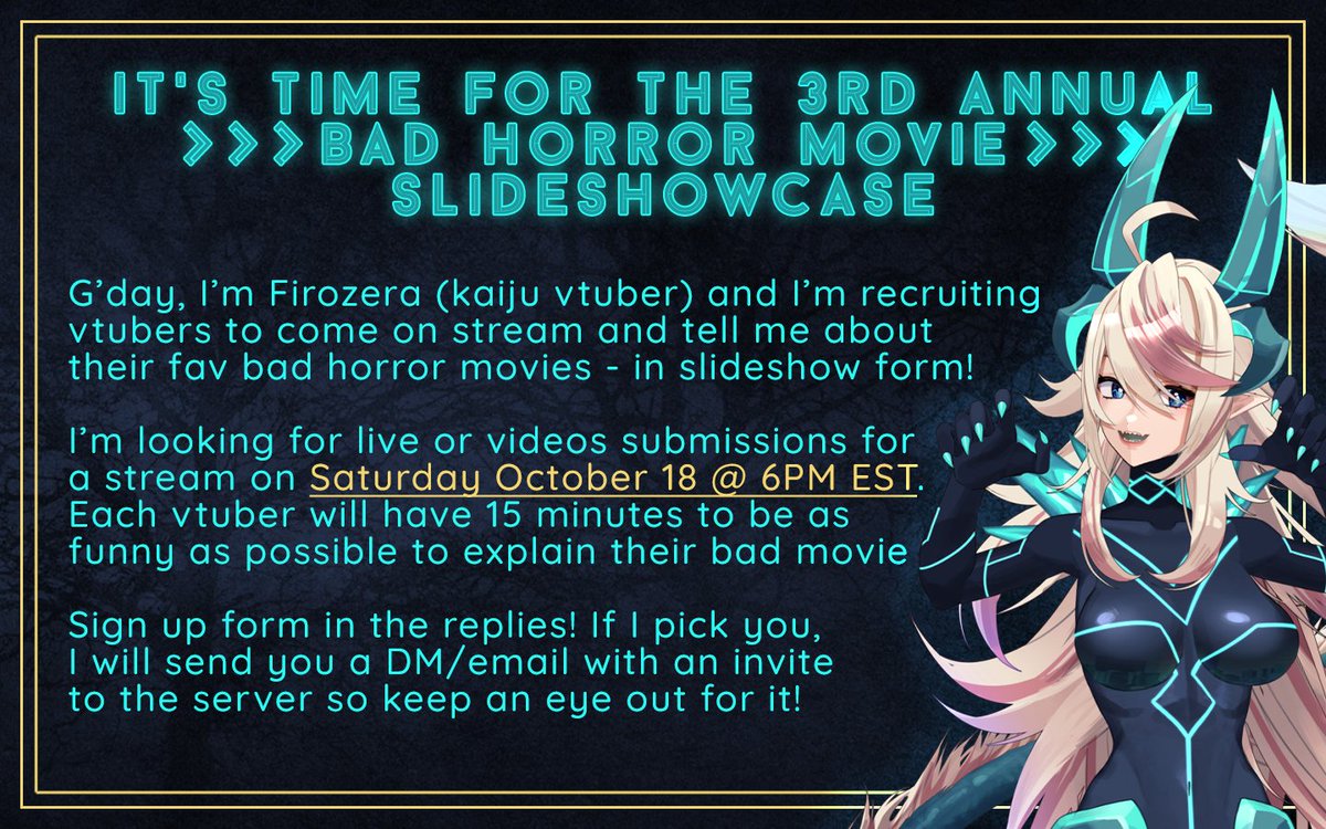 👻 IT'S TIME FOR THE 3RD ANNUAL BAD HORROR MOVIE SLIDESHOWCASE!!👻

Love bad horror movies? I wanna get YOU 🫵 on my stream to tell me all about your fav! I'm accepting both live &amp; video submissions with a limit of 15 mins

⬇️ Form below in comments ⬇️