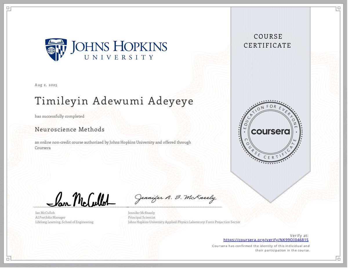 Adeyeye Timileyin Adewumi (@timileyin_ade01) on Twitter photo Coupled with my basis knowledge in neuroscience, I have successfully completed Neuroscience methods from <a href="/JohnHopkinsUni1/">Johns Hopkins University</a> Coupled with my basis knowledge in neuroscience, I have successfully completed Neuroscience methods from <a href="/JohnHopkinsUni1/">Johns Hopkins University</a>