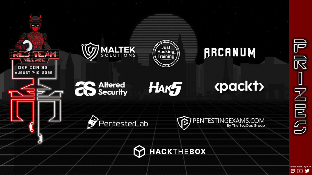 RedTeamVillage (@redteamvillage_) on Twitter photo Grateful for our Prize Sponsors powering the giveaways at RTV!
<a href="/AlteredSecurity/">Altered Security</a> <a href="/JustHackingHQ/">Just Hacking Training (JHT)</a> @MaltekInfoSec <a href="/TheSecOpsGroup/">The SecOps Group</a> @Packtpub <a href="/arcanuminfosec/">Arcanum Information Security</a> <a href="/Hak5/">Hak5</a> <a href="/PentesterLab/">PentesterLab</a> <a href="/hackthebox_eu/">Hack The Box</a>
You keep the sparks flying at #DEFCON33 🔥 Grateful for our Prize Sponsors powering the giveaways at RTV!
<a href="/AlteredSecurity/">Altered Security</a> <a href="/JustHackingHQ/">Just Hacking Training (JHT)</a> @MaltekInfoSec <a href="/TheSecOpsGroup/">The SecOps Group</a> @Packtpub <a href="/arcanuminfosec/">Arcanum Information Security</a> <a href="/Hak5/">Hak5</a> <a href="/PentesterLab/">PentesterLab</a> <a href="/hackthebox_eu/">Hack The Box</a>
You keep the sparks flying at #DEFCON33 🔥