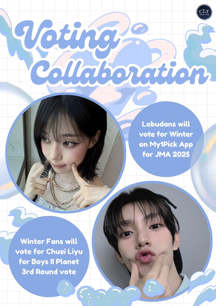 [📢] VOTING COLLABORATION with <a href="/LIYUVOTE/">CHUEI LIYU VOTING TEAM</a> ! 

Lobudans will help vote for Winter on My1Pick App for JMA. In return, #Winter fans will vote for Chuei Liyu on MnetPlus App for Boys II Planet 3rd Round when the voting starts.

5 Votes for Winter 🔁 1 Vote for Liyu