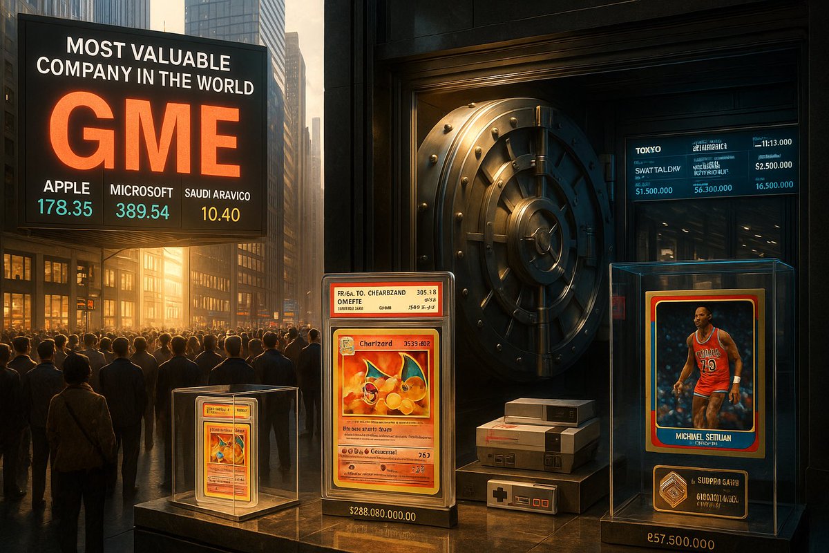 MorgenHatton's tweet image. It’s 2030.
The opening bell rings.
For the first time in history, GameStop is the most valuable company in the world.
$GME glows red-hot on the Times Square jumbotron not because it’s up 10%, but because it’s already worth more than Apple, Microsoft and Saudi Aramco…