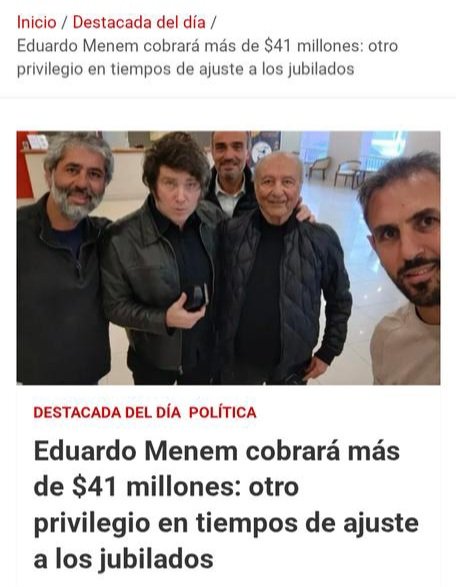 Martín Menem dice qué "su papá es jubilado y no se anda quejando" Es fácil hablar cuando tu padre cobra 41 millones por mes de jubilación.
SINVERGÜENZA!