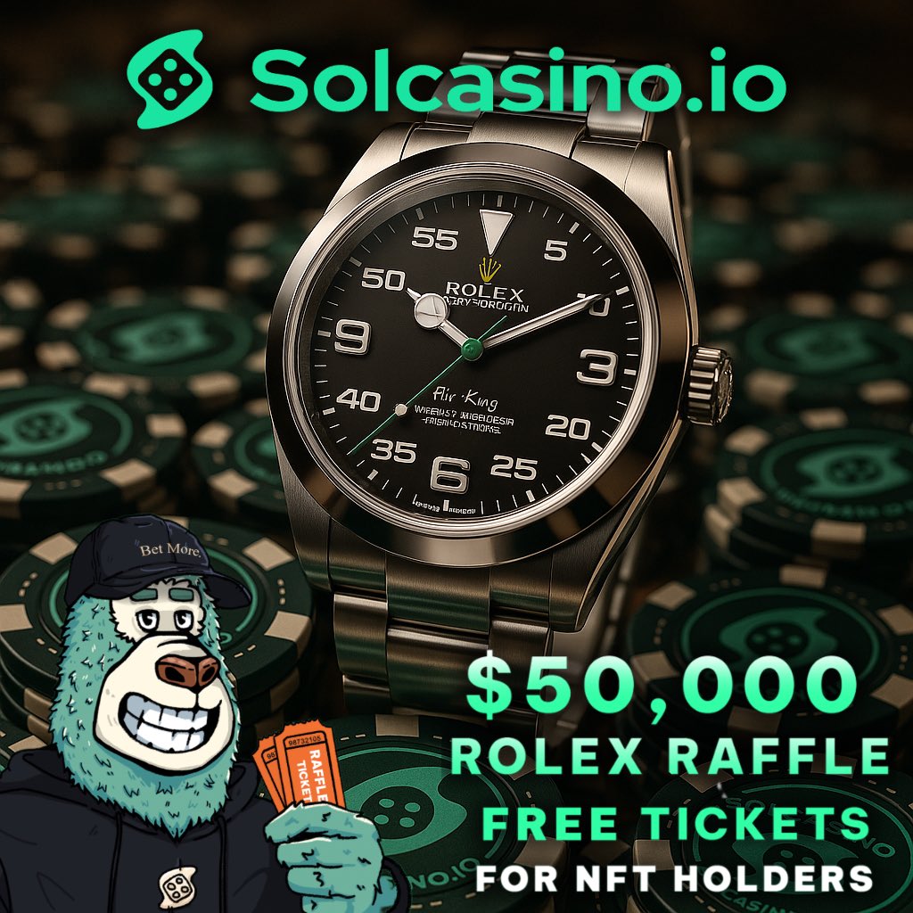 Don’t miss your chance to win big!
Enter <a href="/Solcasinoio/">Solcasino.io</a> exclusive August raffle for a shot at 1 of 5 Rolex watches with a total prize value of $50,000!

Just claimed all my free tickets from my NFTs and bought 200 more tickets! 20K more $SCS to the burn wallet! 

I NEED that Rolex!