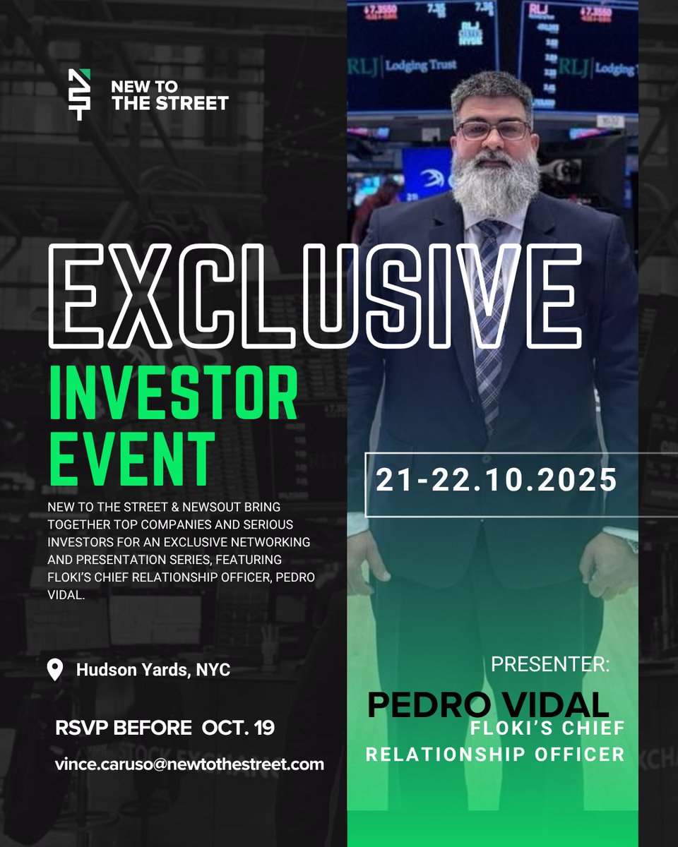 New to The Street (@newtothestreet) on Twitter photo Exclusive Investor Event at Hudson Yards 🍸🏙️
<a href="/NewToTheStreet/">New to The Street</a> & NewsOut are uniting top companies with serious investors in the heart of NYC. <a href="/vincemedia1/">Vince Caruso</a>
📅 Oct 21 – VIP Cocktail Reception
📅 Oct 22 – Full day of company presentations & one-on-ones.
💼 $FLOKI’s Pedro Vidal, Exclusive Investor Event at Hudson Yards 🍸🏙️
<a href="/NewToTheStreet/">New to The Street</a> & NewsOut are uniting top companies with serious investors in the heart of NYC. <a href="/vincemedia1/">Vince Caruso</a>
📅 Oct 21 – VIP Cocktail Reception
📅 Oct 22 – Full day of company presentations & one-on-ones.
💼 $FLOKI’s Pedro Vidal,