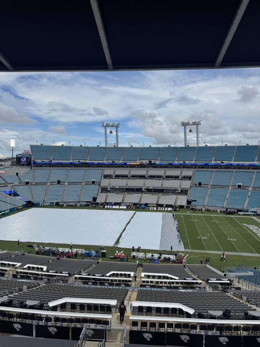 Rob King (@robkinger91) on Twitter photo Clearing away the tarp here at Everbank Stadium. Looking forward to the <a href="/steelers/">Pittsburgh Steelers</a> at Jacksonville tonight. Hope you’re listening in now to our pregame coverage on <a href="/SteelersNRadio/">SteelersNationRadio</a>. Clearing away the tarp here at Everbank Stadium. Looking forward to the <a href="/steelers/">Pittsburgh Steelers</a> at Jacksonville tonight. Hope you’re listening in now to our pregame coverage on <a href="/SteelersNRadio/">SteelersNationRadio</a>.