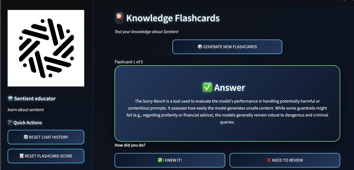 i built an agentic ai app to help the communtity learn about <a href="/SentientAGI/">Sentient</a> by asking any questions relating to sentient. it can also generate flashcards to test your knowledge about sentient. i hope the community can find it helpful and can try it here: sentient-study-ai.streamlit.app