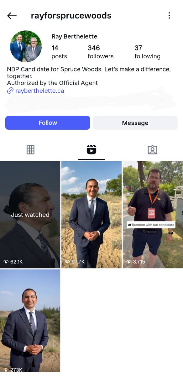 Here's the NDP candidate's Reels page. Notice anything missing? (Hint: The candidate.)

Also notice how Wab isn't posting any of his Spruce Woods cringe to Twitter because he knows he'd get flamed. #mbpoli