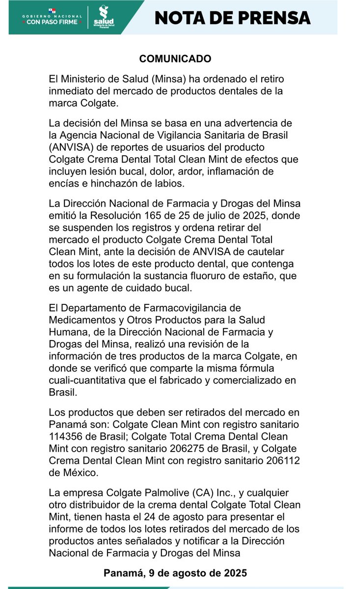 AlvaroAlvaradoC's tweet image. El Minsa ha ordenado el retiro del mercado del producto Colgate Crema Dental Clean Mint.