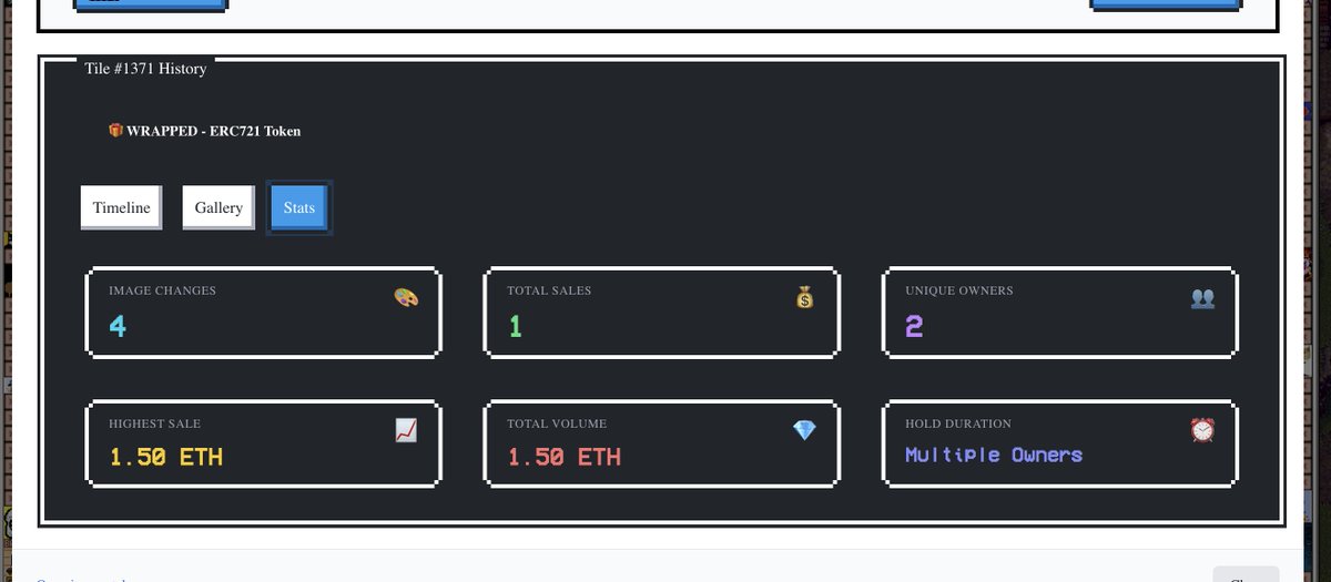 PixelMapNFT's tweet image. For those of you that love history, we just added some new functionality to the website :D.  Every tile now has full analytics about everything that&apos;s ever happened to it . #historicalNFTs
