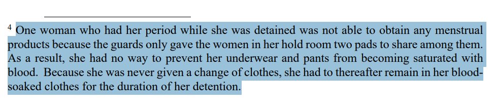 Footnote in <a href="/ACLU/">ACLU</a> lawsuit recounts how a woman who had her period while detained at Federal Plaza was denied sanitary pads and "had to thereafter remain in her blood-soaked clothes for the duration of her detention."
gothamist.com/news/migrants-…